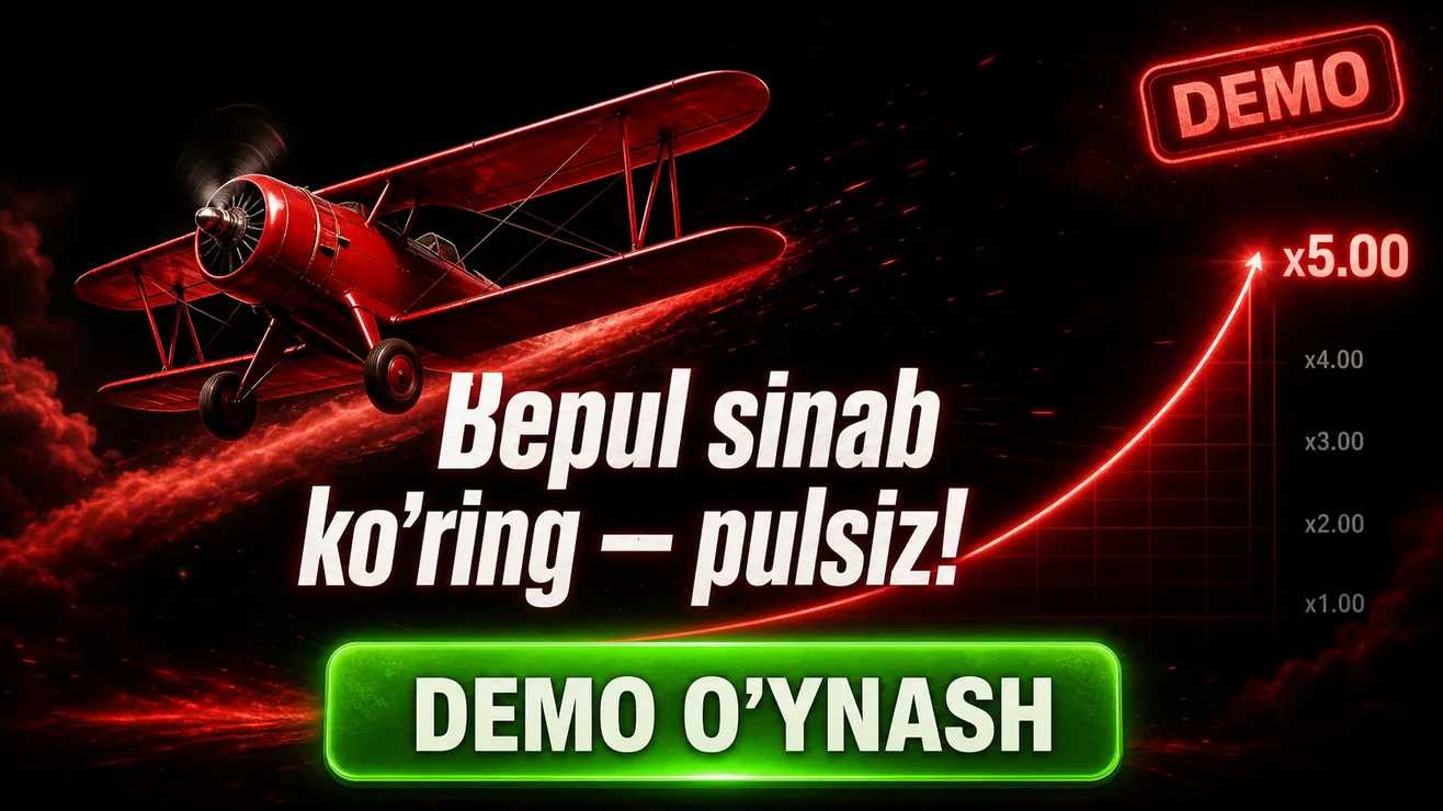 Aviator demo rejimi interfeysi — virtual balans va bepul o'yin ekrani